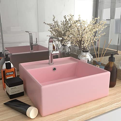 ShGaxin Lavabo Lujoso Cuadrado rebosadero, Lavabo sobre Encimera, Lavamanos para Baños, Lavabo Baño, Mueble Lavabo, Muebles De Baño, cerámica Rosa Mate 41x41 cm