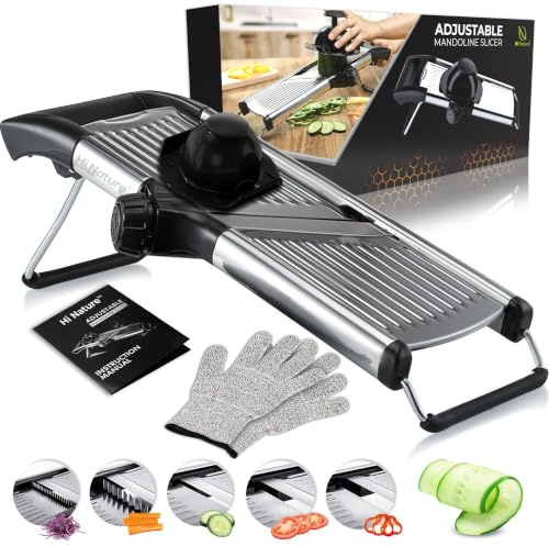 HI NATURE™ Mandolina de Cocina Profesional Regulable – Cortador de Verduras Multifuncional de Acero Inoxidable con Guantes Anticorte – Rebanadora Manual para Juliana y Rodajas