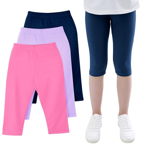 JinBei Niñas Pantalones 3/4 Leggings Verano Transpirables Pantalón Cortos Mallas Niña Cintura Elástica Ciclismo Danza Correr Deportivos Shorts Capri Legging 6-7 años Pack de 3, Azul Morado Rojo