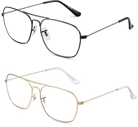 JM 2 Pack Occhiali da Lettura Quadrati, Lettore di Computer con Blocco Della Luce Blu con montatura in metallo per Donna Uomo +1.50（Oro & Neri）