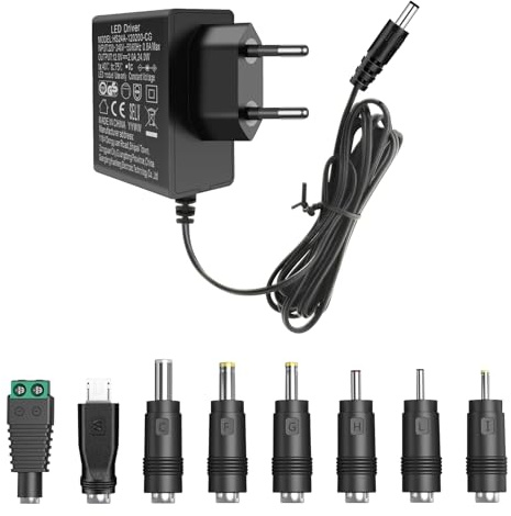 24W 12V 2A Fuente de Alimentación Universal, Fuente de alimentación de 12 voltios para Tiras LED, AC/DC Adaptador de Corriente Transformador con 8 Enchufes de CC