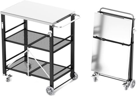 Foldable Grill Cart, Stainless Steel BBQ Table, Serving Trolleys, Outdoor, Garden