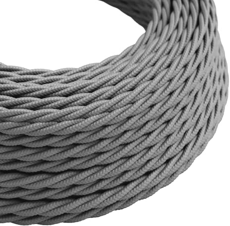 LEDSone 3 Core 3m Twisted Grey Fabric Lighting Cable Vintage Style Double Insulated Flexible Braided Cord for Pendant Lights, Chandeliers, and DIY Electrical Projects