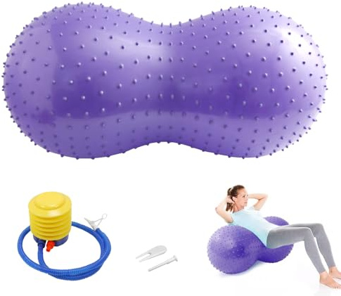 Mineup Palla di arachidi, 45 x 90 cm, anti-scoppio, sensoriale, con pompa, per adulti e bambini, a forma di arachide, per yoga, pilates, gravidanza, fisioterapia per bambini, palestra, viola