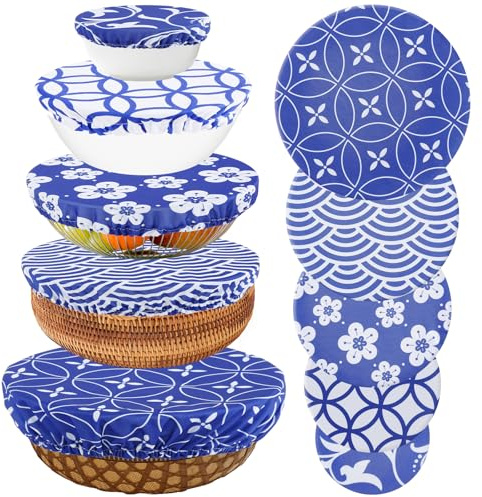 10pcs Reusable Food Cover, 5 Sizes Elastic Fabric Cover Multi Purpose Cloth Food Dish Covers Can Lids, Elasticated Fruit Vegetable Meat Preservation Fresh Keeping Cover for Home Kitchen (Blue)