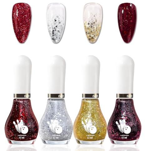 4 Farben Glitzer Nagellack Schnelltrocknend - Hochpigmentiert Nagellack Dunkelrot - Glossy Nagelack Gold Silber Glitzer - Versatile Nail Polish Set Für Frauen Mädchen DIY Geschenk (Glitter Set)