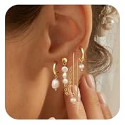 Gold Earrings for Women Trendy – Dainty 14K Gold Plated Pearl Earring Stacks, Small Hypoallergenic Drop Dangle Huggie Hoop Earrings No Tarnish Trendy Jewelry Gift