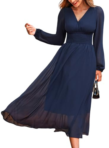 CUPSHE Women's Fall V Neck Long Sleeve Maxi Dresses Smocked Waist Elegant Cocktail Wedding Guest Dress Navy Blue
