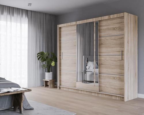Krudox PRVTA 250 cm Sonoma Schwebetürenschrank Mit Spiegel Breiten 150/180/200/250 cm Kleiderschrank Für Wohnzimmer Mit Kleiderstange Farben Weiß/Schwarz/Sonoma