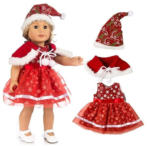 KKTONGXI Weihnachten Puppenkleidung 3 Stück Weihnachtsoutfit Weihnachten Kleidung für 36-43 cm Puppen Zubehör Mini-Weihnachtsmütze Kleid Puppen Zubehör für Kinder