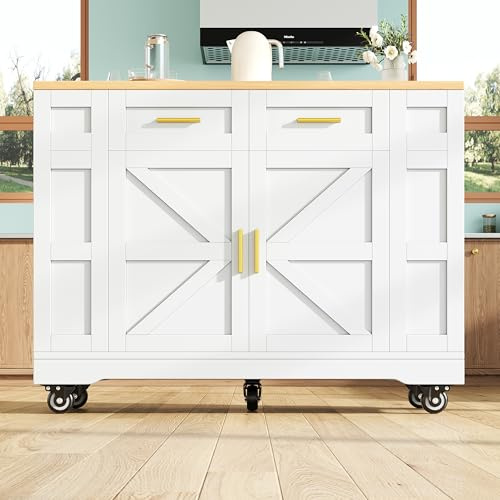 Merax Isla de cocina con encimera plegable, carrito de cocina móvil, armario de cocina con ruedas, con 2 puertas, 2 cajones y estantes para especias, 120 x 40 – 65 x 90 cm, color blanco