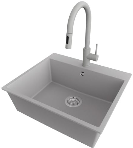 PRIMAGRAN Lavandino da Cucina al Mobile 60cm + Rubinetto, 58x50cm | Set: Rubinetto BW9010 + Kit di scarico + Lavello in Granito a 1 Vasca - Riga, Grigio