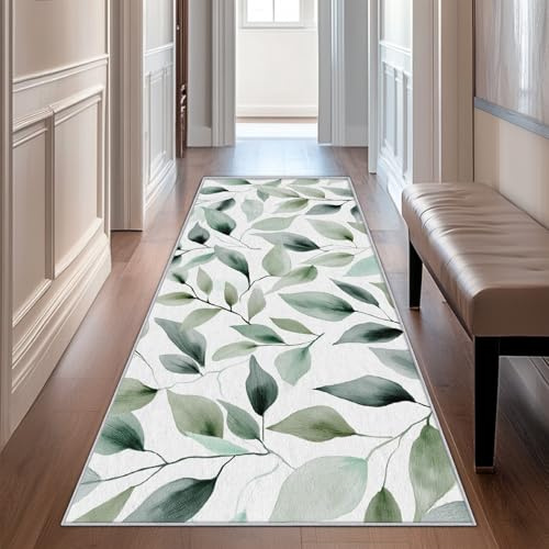 Generisch Läufer Flur Salbei Grün, Waschbarer Teppich Läufer Grüne Blätter 60x120, Küchenteppich, Eingangsbereich, Bettvorleger, Schlafzimmer Deko, rutschfest, Kurzflor i635