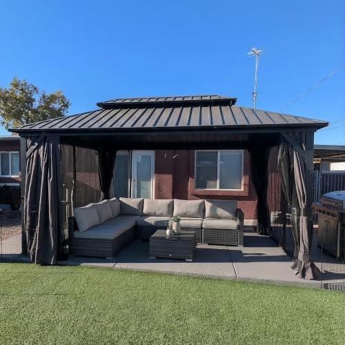 PURPLE LEAF Tonnelle de Jardin Extérieur 4,85 x 3 m Gris Pergola Aluminium | Montage rapide à deux, Rideaux et moustiquaire inclus, Double toit acier galvanisé anti-rouille, Résiste aux vents forts