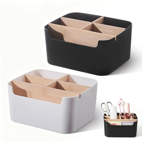 CVASNF 2 Stück Stifte Organizer, 5 Fächer Schreibtisch Organizer Stiftebox Schreibtisch with Bambus Abnehmbaren Trennwänden für Kosmetika Stifte Kleine Gegenstände