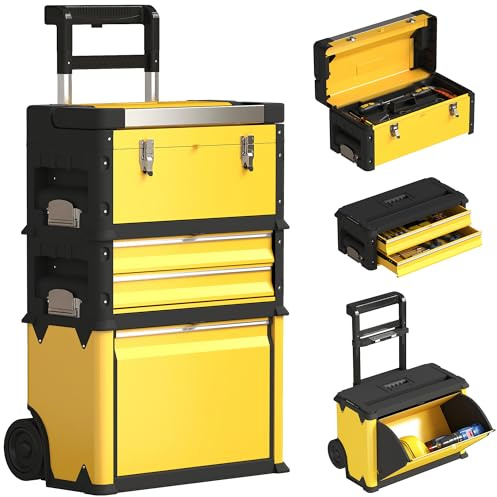 HOMCOM Lot de 3 boîtes à outils sur roulettes empilables et modulaires, servante d'atelier caisse à outil trolley en acier avec plateau, poignées et serrure, pour garage et entrepôt, jaune