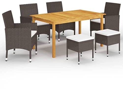 RMIHSJG 7-TLG. Gruppo da giardino marrone in legno di acacia con seduta in rattan sintetico, 1 tavolo da pranzo, 4 sedie e 2 sgabelli per terrazza, mobili da esterno resistente alle intemperie con