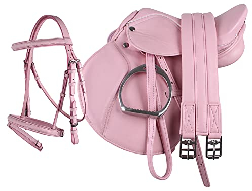 Pony Sattel-Set Komplett inkl. Sattelgurt, Steigbügelriemen und Steigbügeln | Geeignet für Kinder | Robustes und langlebig | Leichtes Gewicht (rosa)