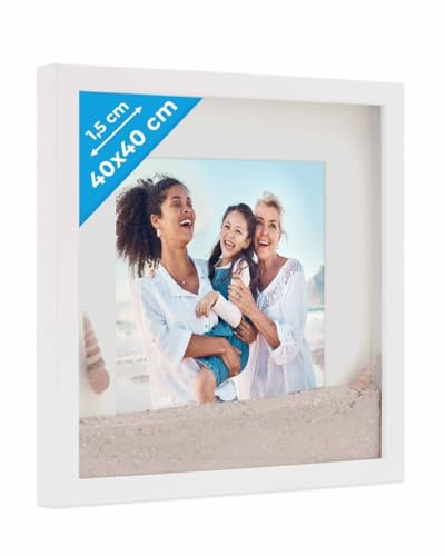 PHOTOLINI 3D Bilderrahmen zum Befüllen 40x40 Weiß groß, 1,5 cm tiefer Objektrahmen mit Glas, tiefer Bilderrahmen 40x40 Holz MDF mit Passepartout, Dicker 3D Rahmen befüllbar für Gegenstände Geschenk