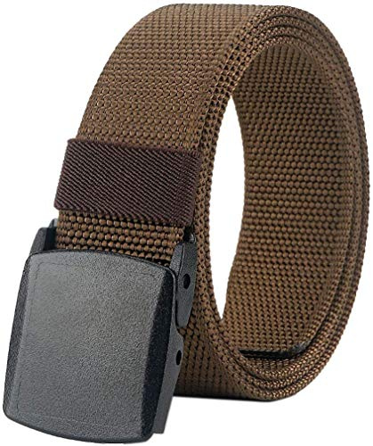 LionVII Mens Plastic Belt Nylon Canvas No-Metal Buckle Belt for Work and Travel (Coffee)