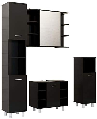 vidaXL Badmöbel Set 4-TLG. Waschbeckenunterschrank Spiegelschrank Hochschrank Midischrank Schrank Badezimmerschrank Badschrank Schwarz Holzwerkstoff