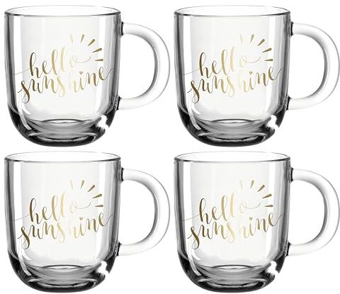 Leonardo Emozione Geschenk Tassen 4er Set, Hello Sunshine Design, spülmaschinengeeignete Tee und Kaffee Becher mit goldenem Schriftzug, 400 ml, 046413