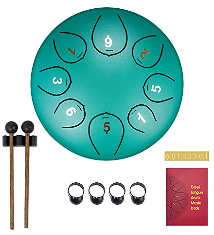 SONARIN Zungentrommel Steel Tongue Drum 8 Noten 6 Zoll,StahlZungentrommel Percussion Instrument Handpan Drum mit Reisetasche,2 Drumsticks,Musikbuch,4 Fingerabdeckung,für Meditation Yoga(Grün)