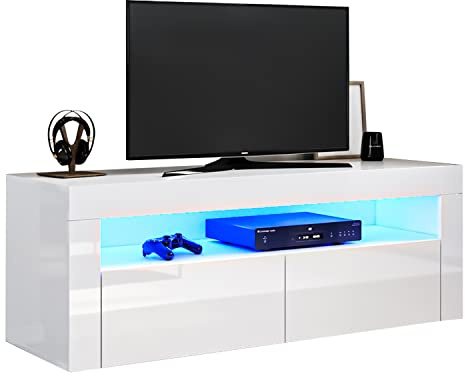SONNI Mueble TV con Luces Regulables de 12 Colores,Mueble de Salón con LED y Estante de Cristal (Blanco, 120x40x45cm)
