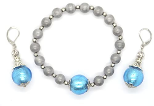 Armband und Ohrringe Schmuckset aus Edelstahl, Hämatit und türkisblauen Muranoglasperlen