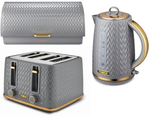 TOWER Empire Grey Kitchen Set Including Jug Kettle, 4 Slice Toaster and Roll Top Bread Bin. Matching Art Deco Design Kitchen Set of 5 Items in Grey with Brass Accents