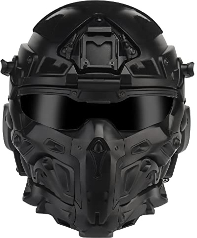 All-In-One Airsoft Full Face Mask Tactical Helmet With Built-in Tactical Headset, Anti-Fog Fan, Visor Sliding Goggles for Military Airgun Cosplay CS Paintball Hunting (Black)
