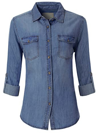 Design by Olivia Women's Classic Long/Roll Up Sleeve Button Down Denim Chambray Shirt Medium Denim M