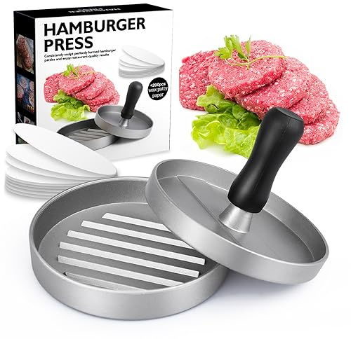 YUTUY Prensa de Hamburguesa,Antiadherente Molde Hamburguesa con 200 Papeles de Hamburguesas para prensar Carne Picada y Barbacoa o Parrilla, Utensilios de Cocina