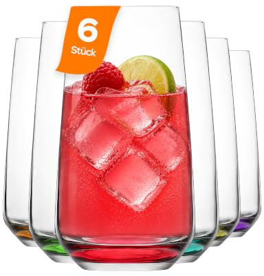 NORDIC SCHILLER Premium Drinking Glasses Set of 6 with Colored Base 480ml 100% Lead Free, Highball Glasses, Cocktail Glass, Drinking Glass Tumblers, Ideal for Water, Juice, Iced Tea, Caipirinha
