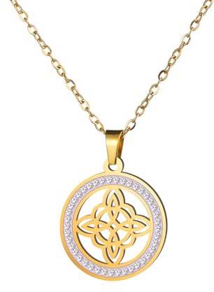 Dreamtimes Collier de nœud de sorcière pour femmes acier inoxydable clair couleur or Zircon pendentif rond chaînes Celtique Quaternaire Wicca anneau de nœud sorcellerie amulette bijoux