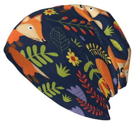 Niedliche Tiermütze mit Fuchs und Blumen, Strickmütze für Damen und Herren, warm, bequem, atmungsaktiv, weiche Beanie, für Outdoor, Schwarz, Schwarz , One size