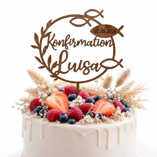 Birdart Box® Kommunion, Konfirmation, Firmung Tortenstecker mit Namen – personalisierter Tortenstecker aus umweltfreundlichem Holz, stabiler Cake Topper 15cm Durchmesser (Kommunion Fisch, Nussbraun)