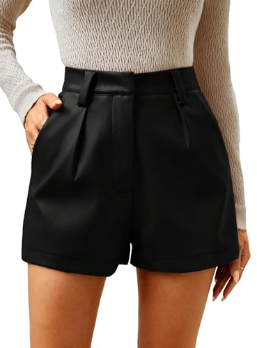 Milumia Women's PU Leather High Waisted Pleated Wide Leg Dressy Shorts with Pocket Solid Black X-Large