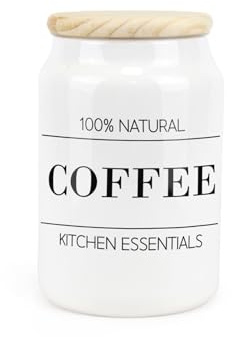Purely Home Minimalist Ceramic Coffee Canister - Simplistic Black & White Kitchen Food Storage Container & Wooden Lid 600ml (14.5cm x 9.5cm)