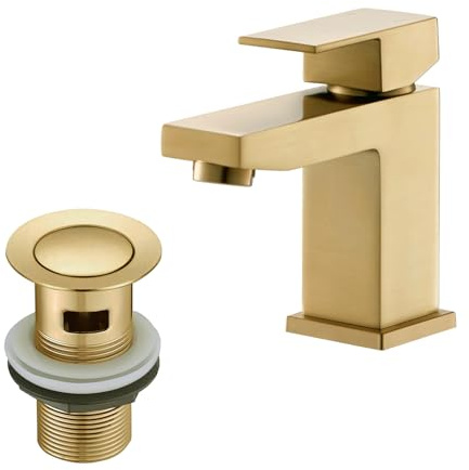 BATHWEST Square Bathroom Sink Tap with Drain, Brass Basin Mixer Tap with Pop-Up Waste, Single Lever Ceramic Cartridge, Brushed Gold 5-Layer Anti-Rust, Modern Bathroom Tap with Sink Plug 492MGO