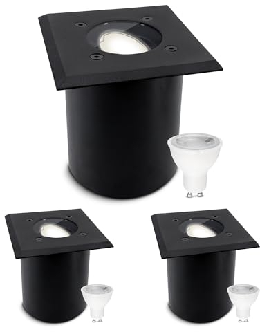 SSC-LUXon 3er Set JUAVI Bodenleuchte Einbau aussen schwarz - Außenleuchte Garten eckig mit GU10 LED neutralweiß 6W befahrbar