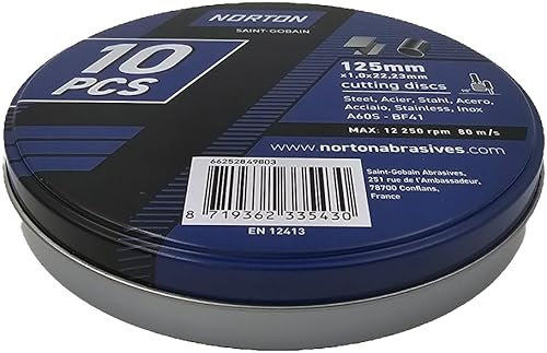 Norton Expert Lot de 10 disques à tronçonner en métal/inox Ø 125 x 22,23 x 1,0 mm