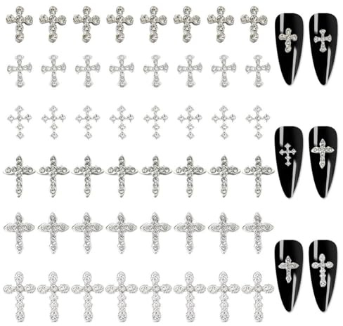 GOMAKERER 48pcs 6 Stili Strass Croce Charms per Unghie Piccolo Cabochon Argento Punk Vintage Gioielli Arte Unghie Accessori Decorazione Cabochon Crociato per Fai da te Forniture