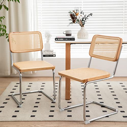 HAZO Rattan Dining Chairs Set of 2, Mid Century Modern Rattan Dining Room Kitchen Side Chairs with Solid Woven Seat and Back and Metal Chrome Legs (Rattan Seat)
