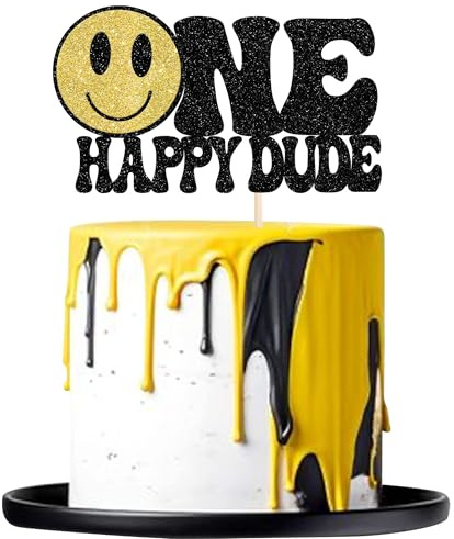 SYKYCTCY 1 Pack One Happy Dude Cake Topper Happy Face Happy First Birthday Cake Pick One Cool Dude Smile Face Cake Decorations for 1st Year Birthday Themed Baby Shower Party Supplies