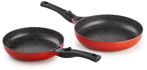 Pradel Excellence - PCUI003001 - Lot de 2 Poêles en Fonte d'Aluminium Magma Ø24/28cm - Revêtement Anti-Adhésif Façon Pierre - 2 Manches Amovibles - Tous Feux, Noir