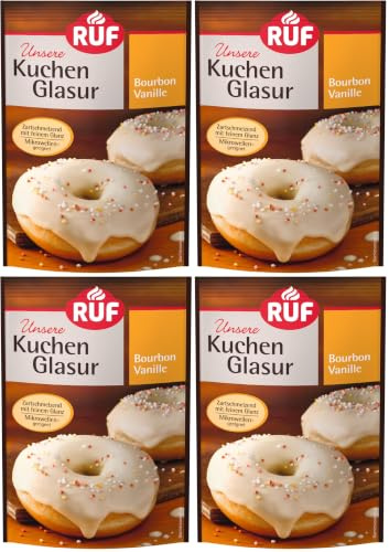 RUF Kuchen-Glasur Bourbon Vanille, 100g im Beutel, mikrowellengeeignet, zum Glasieren & Dekorieren von Plätzchen, Muffins & Kuchen, glutenfrei (Packung mit 4)