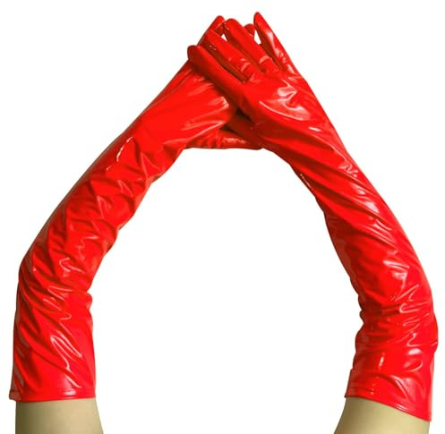krautwear Guanti da sera lucidi da donna, in vernice e pelle, colore: rosa, rosso, nero, Colore: rosso, Taglia unica