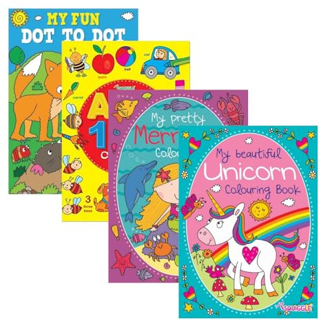 Sixstore Relaxing Antistress Kinder Erwachsene Mädchen Set mit 4 Malbüchern, Aktivitätsbuch, Größe A4, Malbuch von Punkt zu Punkt, ABC 123 Malbuch, verschiedene Kunstmuster-Designs, 4 Bücher im