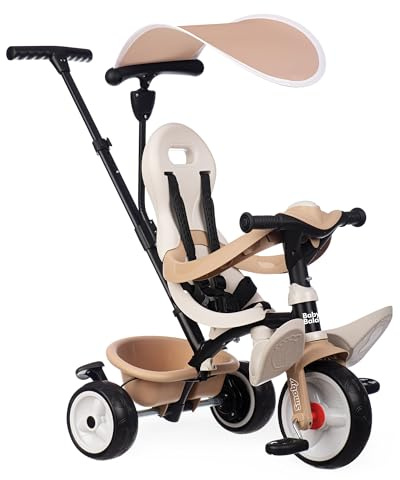 Smoby - Tricycle Baby Balade Beige - Evolutif 3 en 1 - Poignée Parentale Réglable - Frein de Parking, Repose-Pied, Pare-Soleil Anti-UV - A Partir de 10 Mois Jusqu'à 3 Ans - Fabrication Espagnole